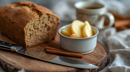 Warm homemade spiced apple loaf comforting on rustic wooden board. Fresh sliced apples and fragrant cinnamon sticks enhance this delightful morning treat offering pure cozy comfort