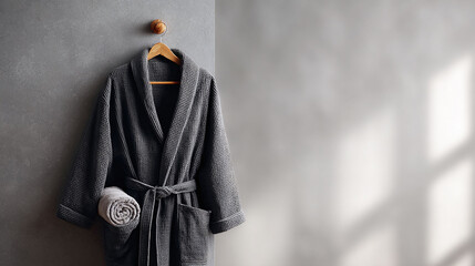 Cozy gray bathrobe with towel, hanging on a minimalist wall. Invites relaxation and selfcare. Perfect for wellness, home decor, or lifestyle themes.