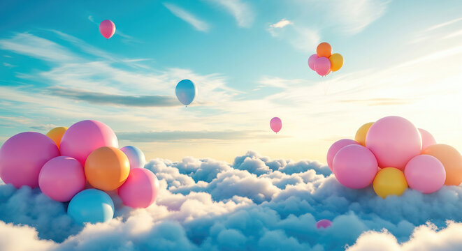 For World Children's Day, clusters of giant pastel-colored balloons floating in the sky above fluffy clouds. A dreamlike scene. - Powered by Adobe