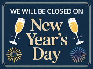 Notice of new year s day closure with festive champagne glasses and fireworks