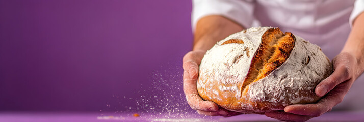 Close-up of a professional baker's hands meticulously preparing artisanal sourdough bread wide banner - purple background