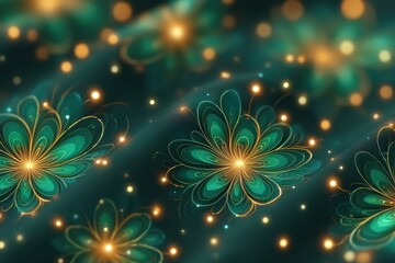 Teal and gold floral fractal abstract with glowing light particles, perfect for luxury invitations, decorative backgrounds and artistic premium designs.