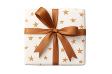 Gift box with golden stars wrapping and brown ribbon bow, present for celebration, birthday, or holiday occasion