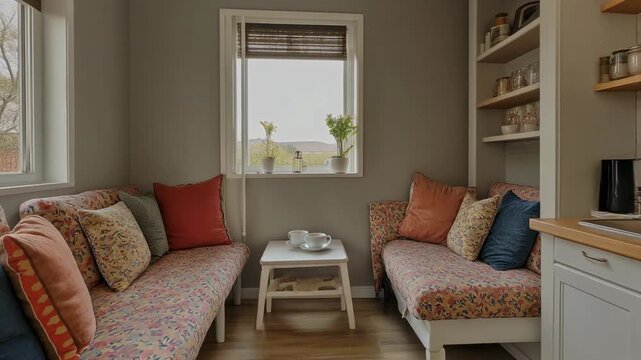 Cozy sunlit living room with cushioned sofas.