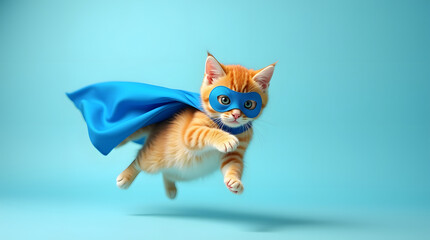 Fototapeta premium Cute orange tabby kitty with a vibrant blue cloak flowing behind it and a matching mask covering its eyes, jumping and flying in mid-air on a soft light blue background with ample copy space