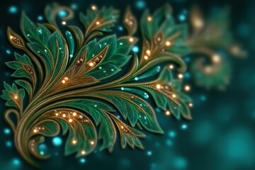 Ornate green and gold floral fantasy background with glowing bokeh lights, perfect for luxury branding, premium packaging and elegant decorative projects.