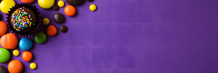 Colorful Halloween Treats and Candies on Purple Background
