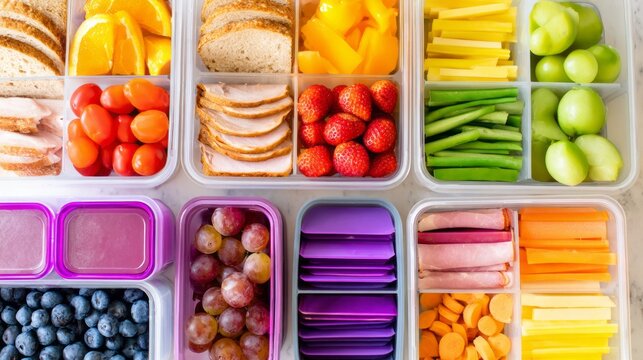Bright and appetizing lunch boxes display an array of healthy foods, including colorful fruits, crisp veggies, and hearty sandwiches, prepared for a tasty picnic or school meal