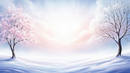 Spring and winter trees facing each other with soft glowing sky