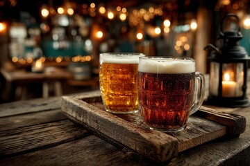 Two glasses of beer on a wooden tray in a cozy bar