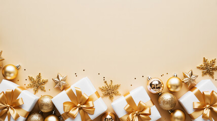 Festive gold christmas ornaments and gifts arranged on a light background