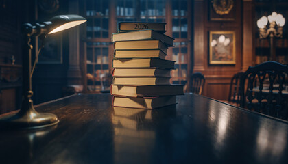 Vintage books piled high under the warm glow of a desk lamp in a classic, scholarly library setting