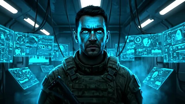 A serious man with blue eyes in a futuristic tech environment.