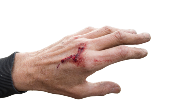 Realistic close-up of a hand with red injury stains on clean white background, PNG transparent format, high detail, useful for medical, safety, and accident concept designs.