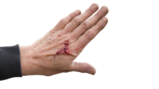 Realistic close-up of a hand with red injury stains on clean white background, PNG transparent format, high detail, useful for medical, safety, and accident concept designs.