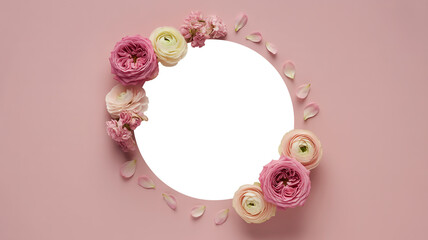 Oval frame of delicate pink and cream flowers on a soft pink background