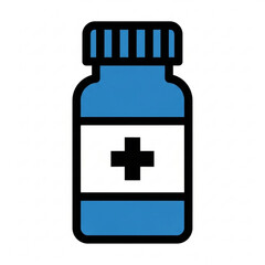 Illustration of a blue medicine bottle with a white label and a black plus sign on the label design