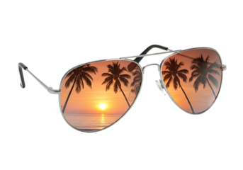 Aviator sunglasses reflecting a vibrant tropical sunset with palm trees isolated on transparent background