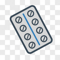 Illustration of a blister pack containing eight round pills separated by a blue vertical line design