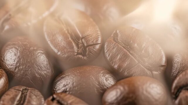 Closeup transformation of roasting coffee beans with rising aromatic smoke