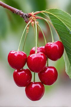 Lush, Organic Ruby Red Cherries Hanging from Their Branch: A Celebration of Seasonal Freshness and Nature's Bounty in Stunning Detail