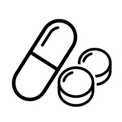 Illustration of a capsule and two round pills in black outline on a white background showing medication 100