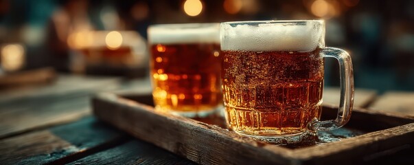 Two frothy beer mugs on a wooden tray in a cozy bar setting