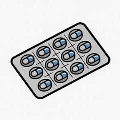 Illustration of a blister pack containing twelve blue and white capsule pills on a white background