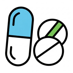 Illustration of a blue and white capsule and two white pills with green stripes on a white background