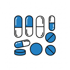 Illustration of assorted blue and white pills capsules and tablets arranged on a white background