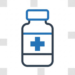 Illustration of a blue and white medicine bottle with a plus sign on the label in a simple design