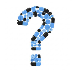 Question mark shape formed by an arrangement of blue and black pills on a white background image design