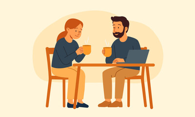Two people enjoying warm coffee while sitting at a table with a laptop. Light work, calm talk and cozy winter mood.