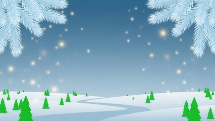 Winter forest landscape with snow-covered fir trees and winding path