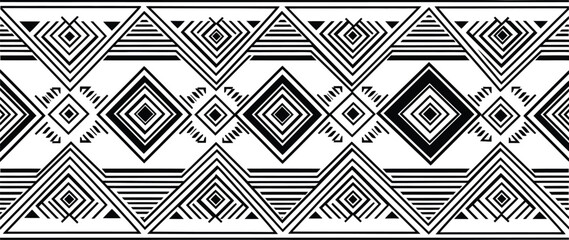 Abstract horizontal geometric tribal border pattern with aztec or native american style rhombus and triangle shapes for banners and design elements.