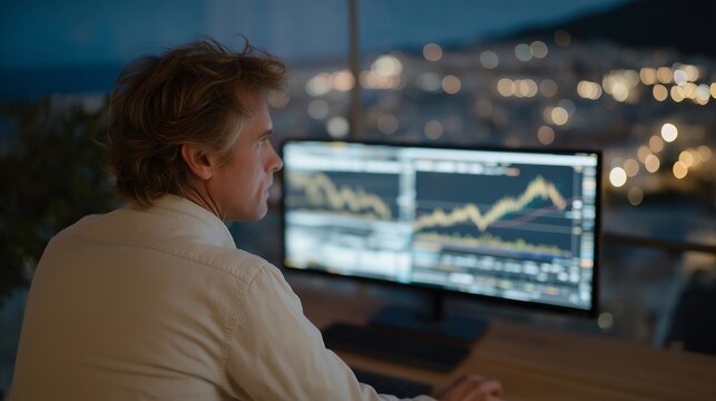 A stock trader livestreaming their morning market analysis, charts spiking across ultra-wide screens as they explain economic trends to an active chat — financial livestream content, real-time
