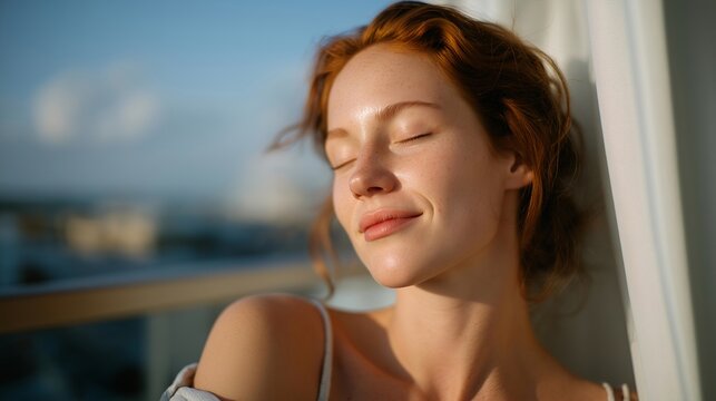 A person meditating on a balcony after months of high stress, soft breeze moving curtains as they close their eyes and breathe deeply — emotional recovery, mindfulness practice, and inner peace.