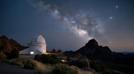 A time-lapse style scene of an observatory dome silhouetted against the Milky Way, long exposure light trails creating a sense of cosmic motion — astrophotography, starlit landscape, and nighttime
