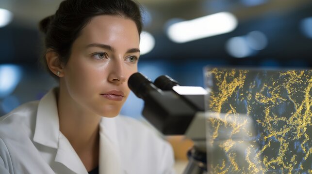A researcher analyzing microbiome samples under a fluorescent microscope, glowing colonies forming intricate patterns as digital overlays map bacterial diversity — gut health science, microbial - Powered by Adobe