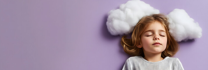 Peaceful child sleeping soundly with a whimsical dream cloud floating above head wide banner - purple background