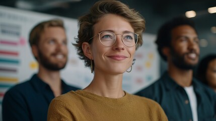 A group of coworkers participating in a 30-day workplace wellness challenge, standing around a whiteboard filled with colorful progress bars and motivational quotes — productivity culture,