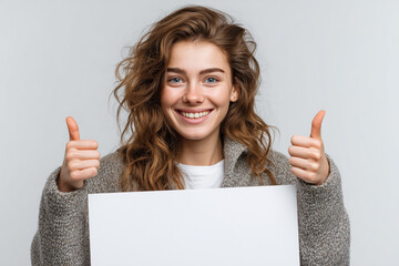 Smiling young woman in a cozy gray sweater holding a large blank white sign and showing two thumbs up against a light background, perfect template for positive messages, approval, and advertising cont