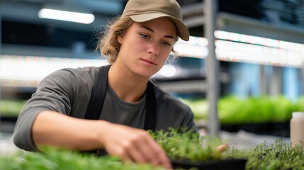 A gardener positioning seedling trays on greenhouse grow racks under bright LED horticultural lights — controlled-environment agriculture, sustainable food production, and plant cultivation