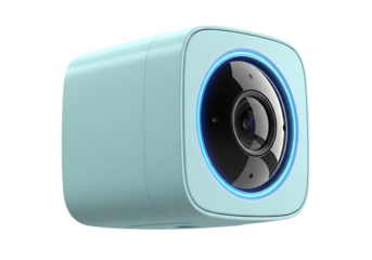 A compact light blue cube shaped action camera with a glowing blue ring around the lens isolated on transparent background