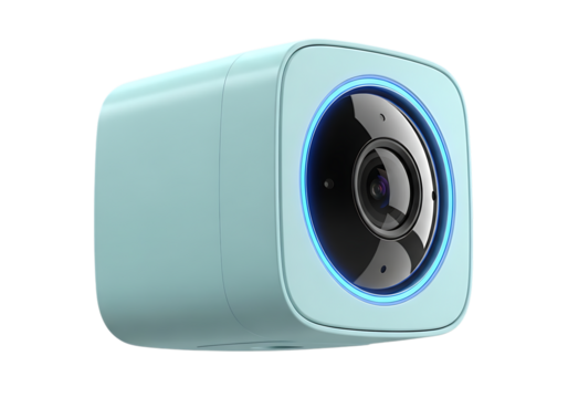 A compact light blue cube shaped action camera with a glowing blue ring around the lens isolated on transparent background