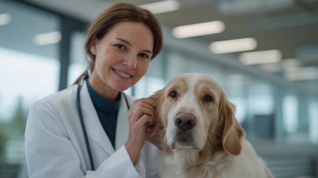 A veterinarian gently examining a dog’s ears in a bright, modern clinic, digital health records displayed on a nearby tablet — compassionate pet care, routine wellness checkups, and professional