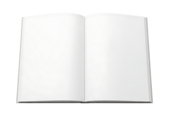 Open blank white book with empty pages for text and design isolated on transparent background