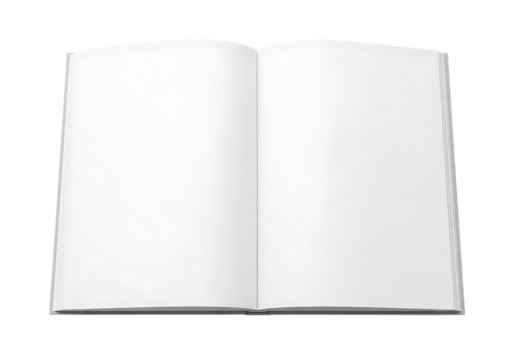 Open blank white book with empty pages for text and design isolated on transparent background