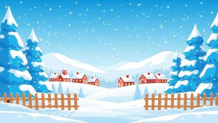 Winter village scene with snow covered houses and trees