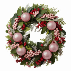 Festive christmas wreath with pink ornaments and red berries